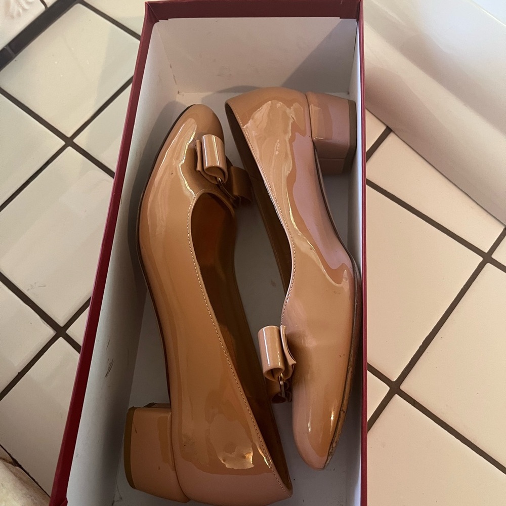 Salvatore Ferragamo Tan Patent Leather Flats